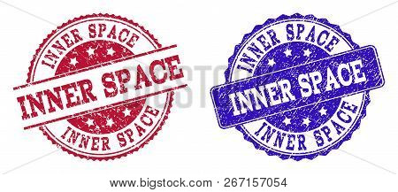 Grunge Inner Space Seal Stamps In Blue And Red Colors. Stamps Have Draft Style. Vector Rubber Imitat