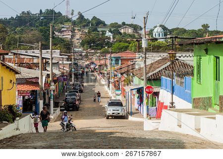 Concepcion De Ataco, El Salvador - April 3, 2016: View Of The Streets Of Concepcion De Ataco Village
