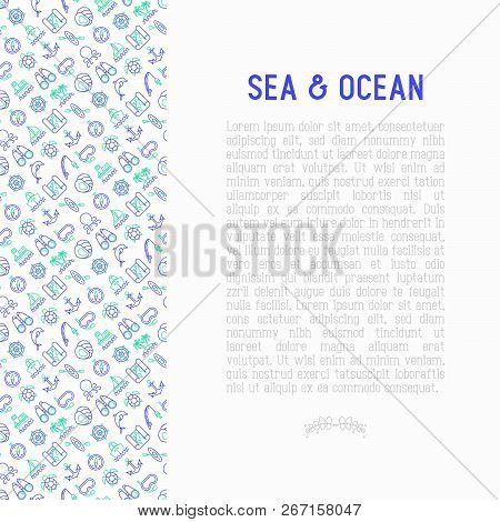 Sea And Ocean Journey Concept With Thin Line Icons: Sailboat, Fishing, Ship, Oysters, Anchor, Octopu