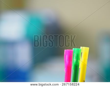Closeup Pink Green Yellow Pen Maker Highlight
