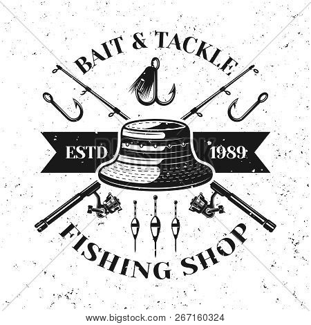 Fishing Shop Vector Emblem, Label Or Badge With Fisherman Hat And Two Crossed Fishing Rods Isolated 