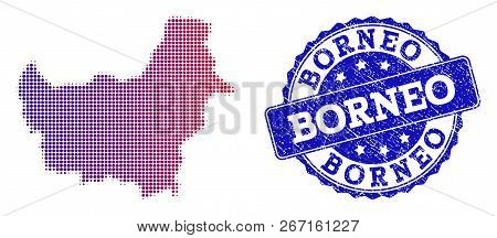 Halftone Dot Map Of Borneo Island And Blue Dirty Seal. Vector Halftone Map Of Borneo Island Designed