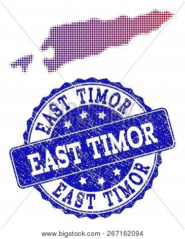 Halftone Dot Map Of East Timor And Blue Dirty Seal Stamp. Vector Halftone Map Of East Timor Designed