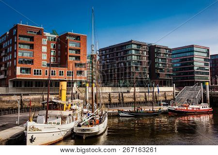 Hamburg, Germany - March, 2018: The Traditional Port Sandtorhafen In The Hafencity