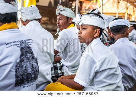 Bali, Indonesia - October 9, 2018: Balinese Boy In Traditional Clothes On Culture Ceremony, Ubud, Gi