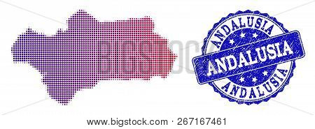 Halftone Dot Map Of Andalusia Province And Blue Unclean Seal Stamp. Vector Halftone Map Of Andalusia