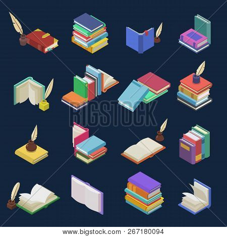 Books Vector Stack Of Textbooks And Notebooks On Bookshelves In Library Or Bookstore Illustration Is