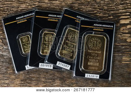 Kyiv, Ukraine - November 02, 2018: Four Small Minted Bars Produced By The Swiss Factory Argor-heraeu