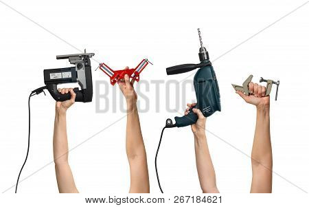Set Of The Tools For Homework In Hands, On White Background