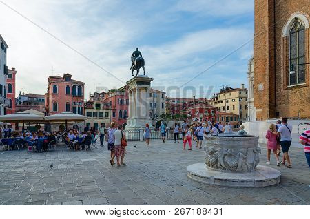 Venice, Italy - September 16, 2018: Unknown Tourists Are On Famous Campo Santi Giovanni E Paolo, Ven