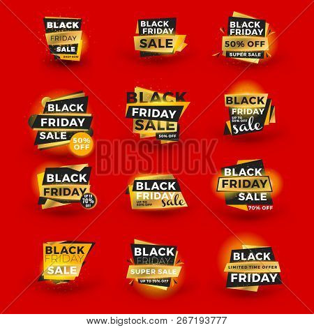 Set Of Black Friday Sale Sticker. Discount Banners. Special Offer Sale Tag. Golden And Black Color T
