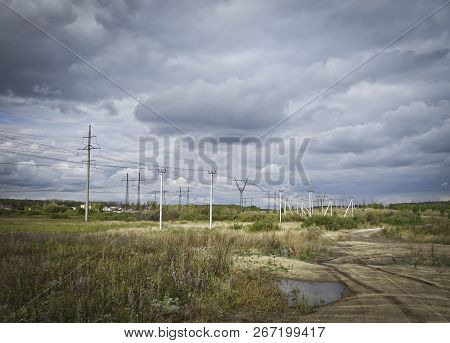 Landscape: Field Road Along The High-voltage Power Line