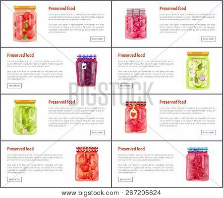 Preserved Fruits And Vegetables In Jars Online Banners Set. Canned Or Conserved Food Inside Glass Co