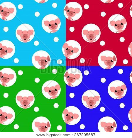 Seamless Pattern With Kawaii Pig. Chinese Symbol Of The 2019 Year. Christmas Vector Illustration.