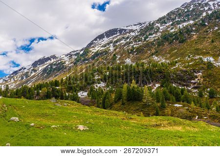 Beautiful Alps Mountains With Clody Sky, Fluelapass, Davos,  Graubuenden Switzerland