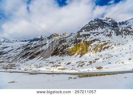 Snow In Rocky Alps Mountains, Fluelapass, Davos,  Graubuenden Switzerland