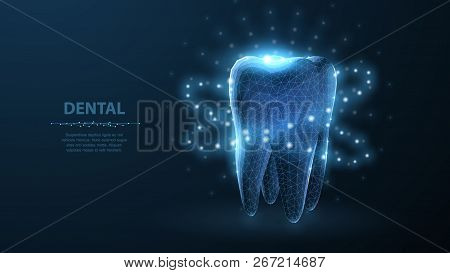 Tooth. Abstract Low Poly Shine Bright Tooth Illustration. Blue Background And Stars.