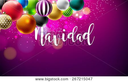 Vector Christmas Illustration With Spanish Feliz Navidad Typography On Violet Background. Mullticolo