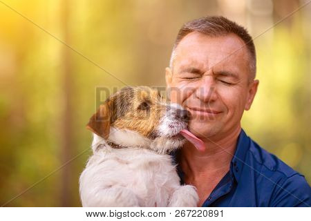 Little Dog Licks Human Face. Man With His Dog Playing In The Park. Owner Hugs His Pet.