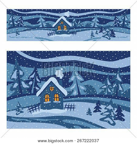 Winter Landscape. Winter. Nature. Houses In The Forest. Christmas Background. Web Banner. Christmas 
