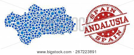 Compositions Of Blue Map Of Andalusia Province And Red Grunge Stamp Seal. Mosaic Map Of Andalusia Pr