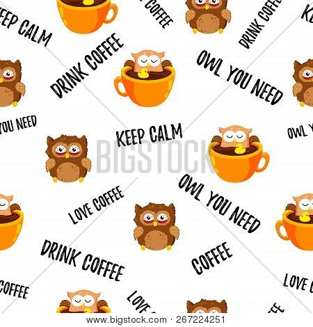 Vector Seamless Texture With Cute Cartoon Owls. Doodle Pattern. Template For Print, Textile, Web Des