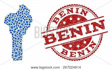 Compositions Of Blue Map Of Benin And Red Grunge Stamp Seal. Mosaic Map Of Benin Is Composed With Re