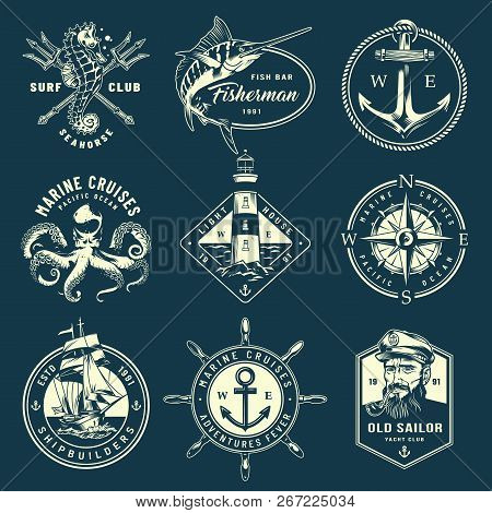 Vintage Monochrome Marine Labels With Sea Creatures Poseidon Tridents Ship Wheel Anchor Navigational