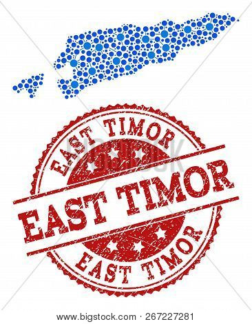 Compositions Of Blue Map Of East Timor And Red Grunge Stamp Seal. Mosaic Map Of East Timor Is Design
