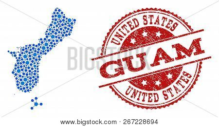 Compositions Of Blue Map Of Guam Island And Red Grunge Stamp Seal. Mosaic Map Of Guam Island Is Desi