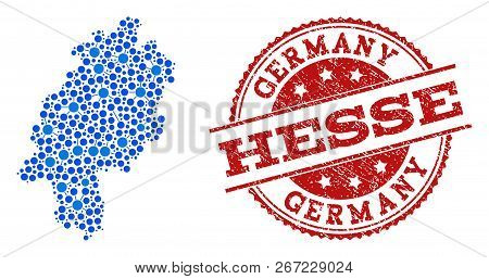 Compositions Of Blue Map Of Hesse State And Red Grunge Stamp Seal. Mosaic Map Of Hesse State Is Form
