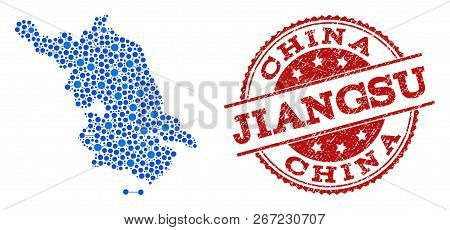 Compositions Of Blue Map Of Jiangsu Province And Red Grunge Stamp Seal. Mosaic Map Of Jiangsu Provin