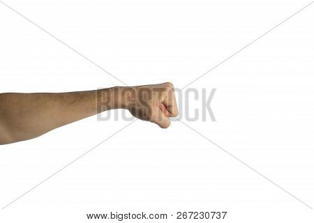 Male Hand Clenched Into A Fist On A White Background. Kick. Side Shot