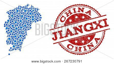 Compositions Of Blue Map Of Jiangxi Province And Red Grunge Stamp Seal. Mosaic Map Of Jiangxi Provin
