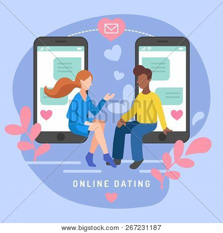 Vector Illustration For Online Dating App Users. Flat Infographics Of Man And Woman Acquaintance In 