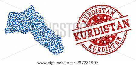 Compositions Of Blue Map Of Kurdistan And Red Grunge Stamp Seal. Mosaic Map Of Kurdistan Is Designed