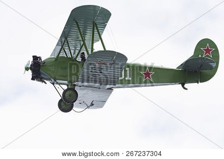 Soviet Single-engine Biplane Policarpov Po-2 Or U-2 At An Air Show In Mochishche