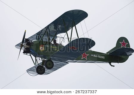 Soviet Single-engine Biplane Policarpov Po-2 Or U-2 At An Air Show In Mochishche