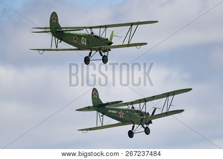 Soviet Single-engine Biplane Policarpov Po-2 Or U-2 At An Air Show In Mochishche
