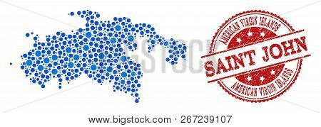 Compositions Of Blue Map Of Saint John Island And Red Grunge Stamp Seal. Mosaic Map Of Saint John Is
