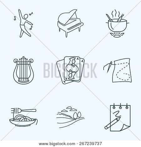 Hobby Icons Line Style Set With Dancing, Harp, Sketching And Other Lyre Elements. Isolated  Illustra