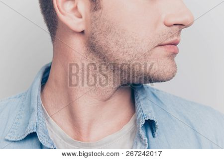 Cropped Close Up Portrait Of Intelligent Gentleman Face Turn Head Aside Stand Isolated On Light Gray