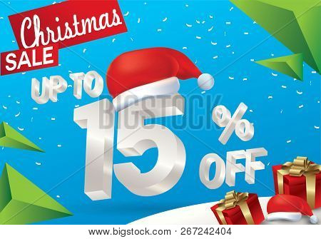 Christmas Sale 15 Percent. Winter Sale Background With 3d Ice Text With Hat Santa Claus Banner And S