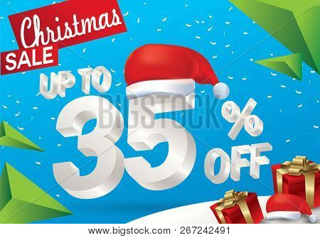 Christmas Sale 35 Percent. Winter Sale Background With 3d Ice Text With Hat Santa Claus Banner And S