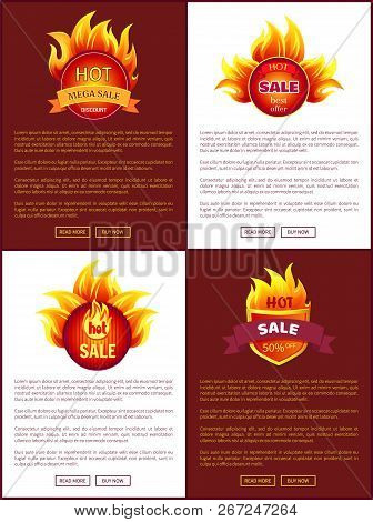 Mega Sale Burning Labels With Info About Discounts, Web Posters Set. Blazed Signs With Flame, Inform