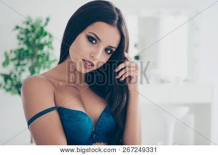 Dream Wish Busty Babe. Close Up Portrait Of Magnificent Exquisite Delicate Winsome Nude Lady With Lo