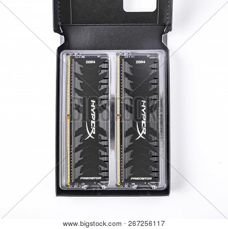 Uzhgorod, Ukraine - October 25, 2018: Box Of Random Access Memory Kingston Ddr4 Hyperx Predator Blac