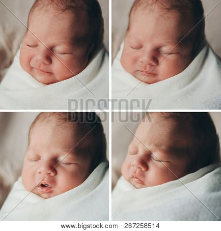 Four Photos In One: 4 Baby Newborn Faces Close-up With Different Facial Expressions