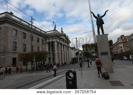 Dublin, Ireland - October 24, 2018: Jim Larkin Statue And Spire In Dublin, Ireland On September 21, 