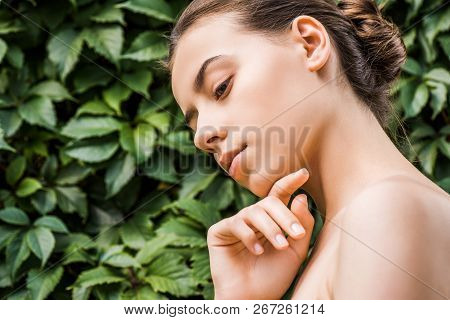 Attractive Young Woman With Hand Near Chin And Green Leaves At Background